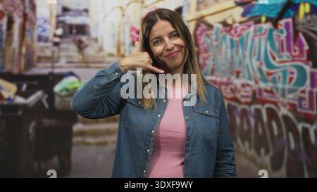 Femme faisant un geste d'appel avec le pouce et rose à l'oreille, souriant dans la veste en denim et chemise rose dans l'allée de la rue graffiti avec poubelles ; ludique. Banque D'Images