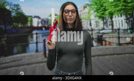 Jeune femme hispanique tient un rouleau de diplôme avec ruban rouge et lunettes, debout sur une rue pavée à côté d'un pont de canal et d'une balustrade ; réalisation PRI Banque D'Images