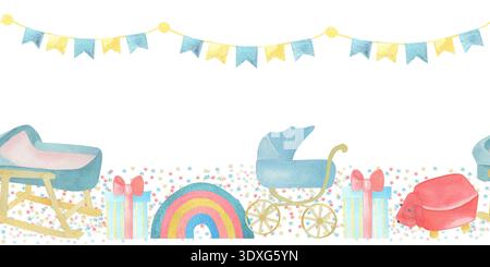 Illustration de bébé aquarelle horizontale sans couture avec berceau à bascule, poussette, arc-en-ciel, cadeaux, banderole et chien jouet. Parfait pour le décor de pépinière Banque D'Images
