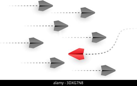 Avions en papier volant dans une direction avec un plan rouge se déplaçant en face, individualité et concept d'indépendance Illustration de Vecteur
