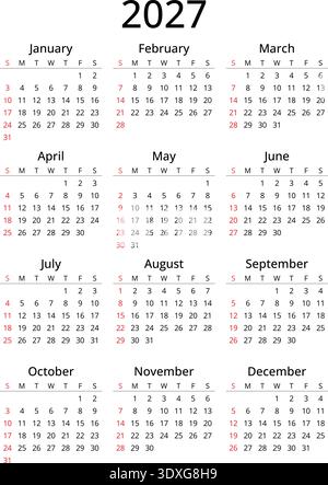 Calendrier anglais 2027 propre avec mise en page annuelle simple et semaine commençant le dimanche
 Illustration de Vecteur
