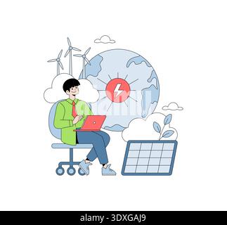 Illustration vectorielle d'un jeune professionnel assis sur une chaise, travaillant sur un ordinateur portable entouré de symboles d'énergie renouvelable comme les éoliennes, les panneaux solaires et le globe. Illustration de Vecteur