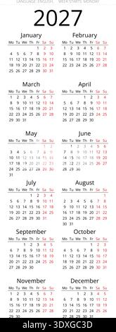 Calendrier anglais imprimable 2027 en format vectoriel avec deux colonnes et simple lundi start
 Illustration de Vecteur