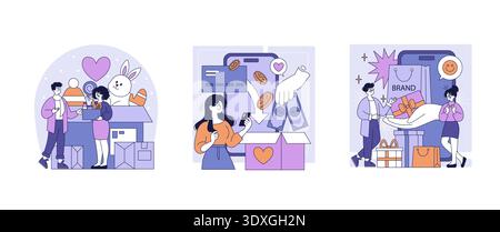 Illustration vectorielle représentant trois scènes de shopping en ligne. Les gens interagissent avec les plateformes d’achat numériques, mettant en valeur les processus d’achat et de paiement dans une atmosphère positive. Illustration de Vecteur