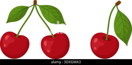 Ensemble de cerises rouges mûres avec des feuilles vertes dans le style vectoriel plat, isolé. Illustration de fruits d'été frais parfait pour la conception de nourriture, emballage, impressions, autocollants, décor d'été, et motifs. Illustration de Vecteur