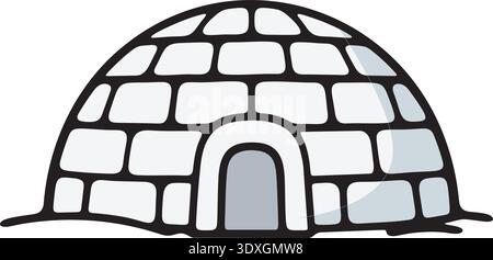 Dessin au trait noir d'un igloo avec motif de blocs et une petite ouverture d'entrée Illustration de Vecteur