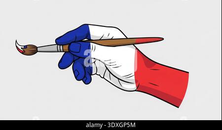 Illustration vectorielle d'une main peinte avec drapeau français tenant un pinceau, concept créatif pour l'art français, la culture et la célébration du Bastille Day Illustration de Vecteur