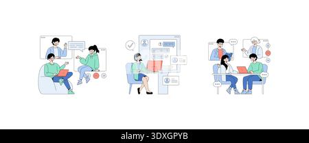 Illustration vectorielle de personnes collaborant en ligne et discutant dans un espace de travail virtuel. L'image illustre les interactions, le travail d'équipe et la communication numérique à l'aide d'ordinateurs portables et de plateformes de chat. Illustration de Vecteur