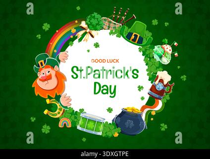 Bannière ronde St Patrick Day avec cadre, leprechaun Illustration de Vecteur