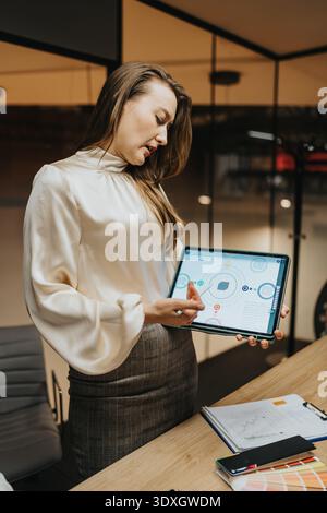 Femme professionnelle présente des données sur tablette dans un bureau moderne lors d'une réunion d'affaires Banque D'Images