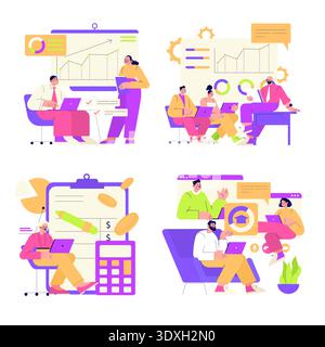Illustration vectorielle colorée représentant des réunions d'affaires et l'analyse de données. Les gens collaborent autour d'ordinateurs portables, de graphiques et de graphiques, mettant l'accent sur le travail d'équipe et la stratégie dans un environnement de bureau moderne. Illustration de Vecteur