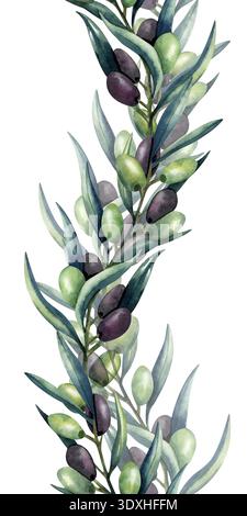 Bordure verticale sans couture de branche d'olivier à l'aquarelle. Olives vertes et foncées, feuilles luxuriantes. Répétition du motif isolé de l'arrière-plan. Illustration pour Banque D'Images
