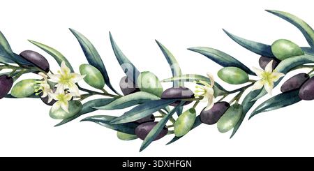 Bordure sans couture verticale de branche d'olivier à l'aquarelle. Olives vertes et foncées, feuilles luxuriantes. Répétition isolée de l'arrière-plan. Illustration pour cuisine Banque D'Images