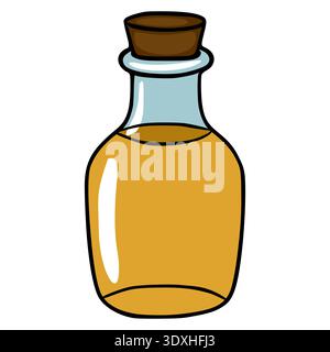 Illustration vectorielle isolée d'une bouteille en verre remplie de liquide doré et d'un bouchon de liège Illustration de Vecteur