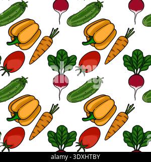 Modèle vectoriel vibrant de légumes frais, y compris les poivrons, les concombres, les tomates, les carottes, et radis, sur fond blanc. Illustration de Vecteur