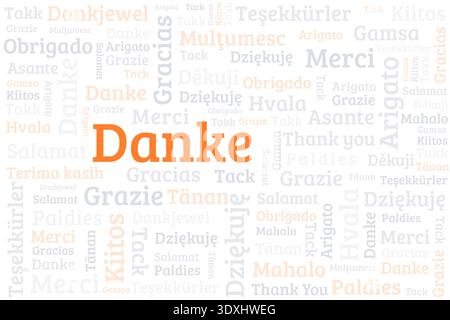 Mot Danke signifiant merci en langue allemande. Merci dans de nombreuses langues. Collage de mots de remerciement de langue internationale différente. Illustration de Vecteur
