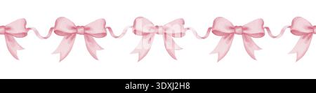 Bordure sans couture des arcs roses aquarelle et des rubans ondulés, style réaliste, motif répété sur fond blanc. Pour emballage cosmétique, boîte-cadeau, conception de tissu, papier d'emballage, décoration intérieure Banque D'Images