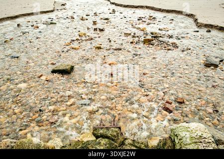 L'eau claire et peu profonde coule sur un lit de cailloux et de pierres multicolores dans un petit ruisseau côtier ou un chenal de marée. Banque D'Images