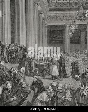 Révolution française. Nuit du 4 août 1789. Session de l'Assemblée constituante au cours de laquelle le système féodal a été aboli en France, abolissant définitivement les droits et privilèges de la noblesse et du clergé. Elle s’est déroulée dans le hall de l’Hôtel des menus-plaisirs à Versailles. Renonciation aux privilèges. Dessin de Hippolyte de la Charlerie. Gravure par Pannemaker. "Histoire de la Révolution française". Volume I, 1876. Banque D'Images