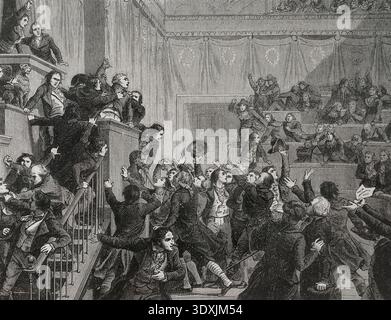 Révolution française. Réaction thermidorienne. Le coup d'État du 9 Thermidor an II. le 27 juillet 1794, Robespierre prononce son discours à la Convention nationale sous les cris des Thermidoriens. Le 9 Thermidor à la Convention. Gravure. "Histoire de la Révolution française". Volume I, deuxième partie, 1879. Banque D'Images