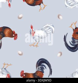 Motif sans couture avec des coqs et des œufs sur un fond gris. Fond d'aquarelle avec des coqs blancs et bruns dans des couleurs naturelles. Réaliste Banque D'Images