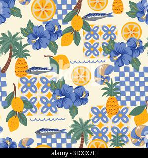 Motif sans couture de citrons méditerranéens avec carreaux de fleurs tropicales design d'été côtier Illustration de Vecteur