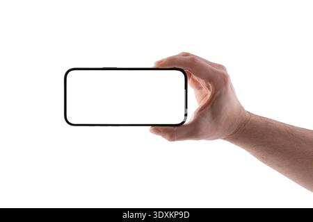 Main tenant smartphone moderne avec écran blanc isolé sur fond blanc avec chemin de clipping Banque D'Images