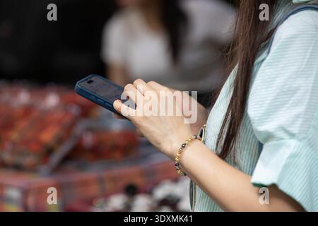 Mains féminines utilisant un smartphone, se connectant, absorbé dans l'écran mobile, utilisateur de smartphone concentré, texture de la peau de la main, gros plan, au marché de Wang Lang. Banque D'Images
