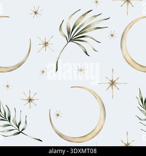 Lune en croissant et étoiles avec des feuilles tropicales sans couture motif. Aquarelle dessinée à la main illustration isolée sur fond bleu pour Ramad de fête musulmane Banque D'Images