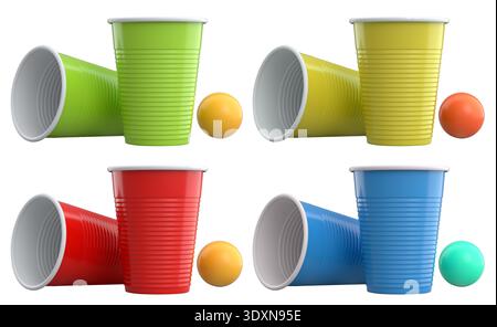 Ensemble de tasses en plastique et de balles de ping-pong colorées isolées sur fond blanc, concept de jeux de fête et de plaisir Banque D'Images