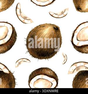 Motif sans couture aquarelle avec noix de coco. Fruits tropicaux entiers, demi-fruits et tranches. Répéter l'illustration sur fond transparent avec des morceaux de coco pour Banque D'Images