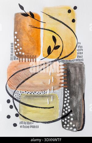Une aquarelle abstraite peinte à la main avec des formes géométriques et organiques dans des tons discrets de brun, jaune, orange, noir et gris. Le composit Banque D'Images