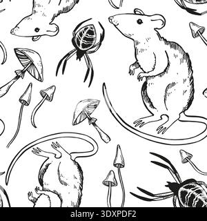 monochrome vecteur modèle sans couture de rat assis, toadstool, champignons, araignée, automne toxique, sorcellerie, illustration noire de lamellaires toxiques, h Illustration de Vecteur