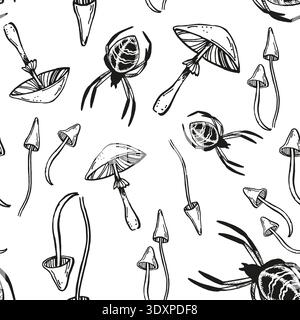 monochrome vecteur sans couture modèle de toadstool, champignons, araignée, plante forestière, boletus toxique d'automne, sorcellerie, illustration noire de la vénénéneuse Illustration de Vecteur
