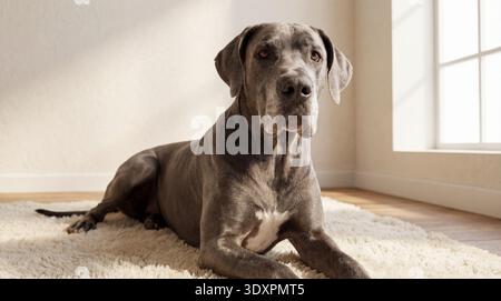 Un magnifique Grand Danois, avec son pelage gris épuré et sa stature imposante, repose élégamment sur un tapis doux de couleur crème. Le regard du chien est dirigé à la fourche Banque D'Images