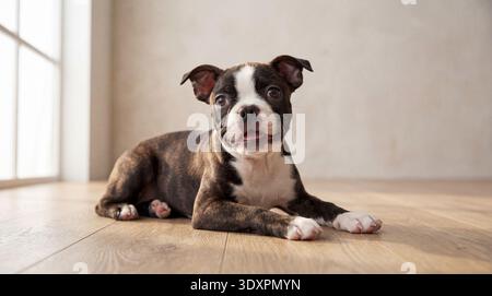 Un jeune chiot Boston Terrier est allongé sur un parquet poli, regardant directement la caméra avec une expression joyeuse, la bouche légèrement ouverte et Banque D'Images