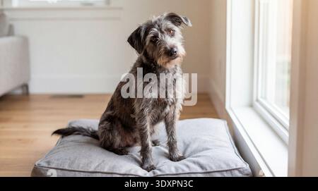 Un charmant chien terrier mousseux est capturé assis avec vigilance sur son lit confortable pour animal de compagnie, positionné près d'une fenêtre. L'expression du chien est curieuse A. Banque D'Images