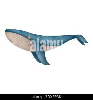 Jolie illustration aquarelle bleue d'une baleine dans un style de dessin animé avec des détails beiges, parfait pour les enfants. pour les livres pour enfants, décoration de crèche, jouets, textiles emballage papeterie et matériel éducatif. Banque D'Images