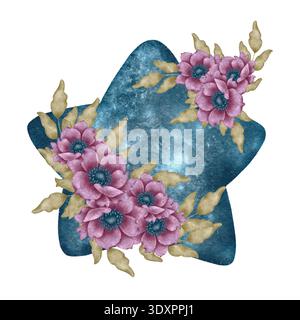 Composition d'aquarelle avec étoile bleue, anémones violettes et feuilles vertes. Illustration pour le décor de pépinière, la conception romantique, l'emballage, les invitations et les impressions textiles. Banque D'Images
