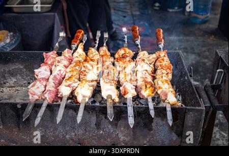 Cuisson traditionnelle appétissante shish kebab chaud ou shashlik sur des brochettes en métal. Concept de cuisine de rue et de cuisine en plein air Banque D'Images