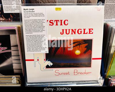 Manchester, Royaume-Uni - 28 février 2026 : disque vinyle rétro disco avec Mystic Jungle album Sunset Breaker avec des illustrations et du texte de coucher de soleil tropical. Banque D'Images