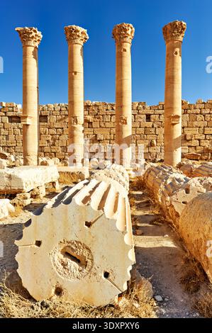Les colonnes sont hautes parmi les ruines du Temple de Bel à Palmyre, en Syrie. Le site montre des parties de structures tombées et de pierres anciennes. Banque D'Images