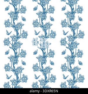 Fleurs de printemps et papillons bordure verticale sans couture. Illustration vectorielle dessinée à la main de jonquilles dans le style d'art au trait. Clip art bleu monochrome pour E Illustration de Vecteur