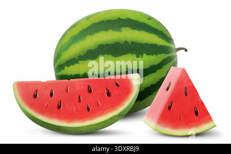 Ensemble de pastèques isolé sur fond blanc. Pastèque rouge avec écorce verte et graines. Collection de morceaux de fruits mûrs et de tranches, Wat savoureux entier Illustration de Vecteur