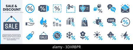 Jeu d'icônes de réduction et de vente pour le marketing e-commerce. Symboles de pourcentage, coupons, codes promotionnels, cartes-cadeaux, offres saisonnières. Baisse de prix, vente flash Illustration de Vecteur