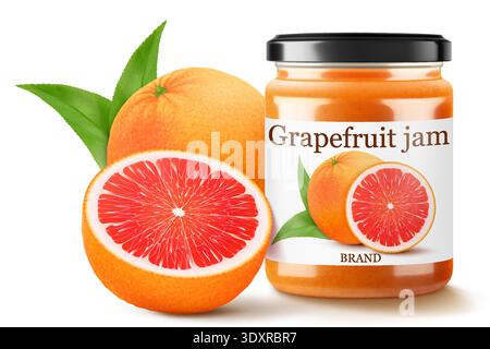 Pot en verre de confiture de pamplemousse ou de marmelade isolé sur fond blanc. Bouteille de confiture d'agrumes ou de jus. Caillé de pamplemousse. boissons et nourriture. Bonbons. Toppin Illustration de Vecteur