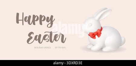 Joyeuses vacances de Pâques bannière avec lapin blanc mignon. Modèle de promotion saisonnière du printemps dans des tons pastel doux Illustration de Vecteur