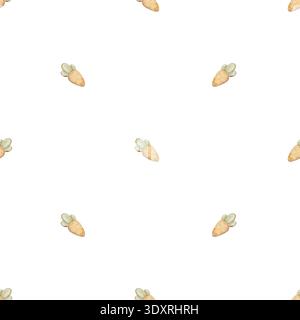 Motif de pain d'épices à la carotte avec glaçage, friandise de Pâques. Illustrations aquarelles de nourriture de lapin dans le style des enfants. Impression sans couture, dessinée à la main Banque D'Images