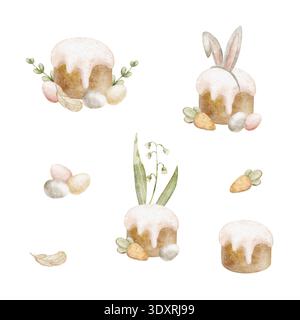 Ensemble de gâteaux de Pâques, œufs, oreilles de lapin, pain d'épices, carottes, fleurs, plumes de poulet. Illustration aquarelle nourriture dans le style des enfants dessiné à la main Banque D'Images