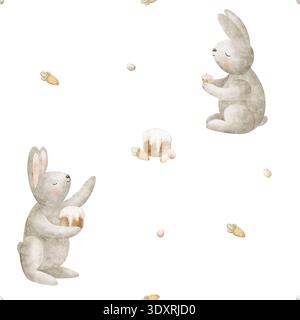 Motif gâteau lièvre de Pâques œufs cupcake carotte. Illustrations aquarelle animal lapin style enfants. Impression sans couture lapins nourriture de vacances dessinée à la main Banque D'Images